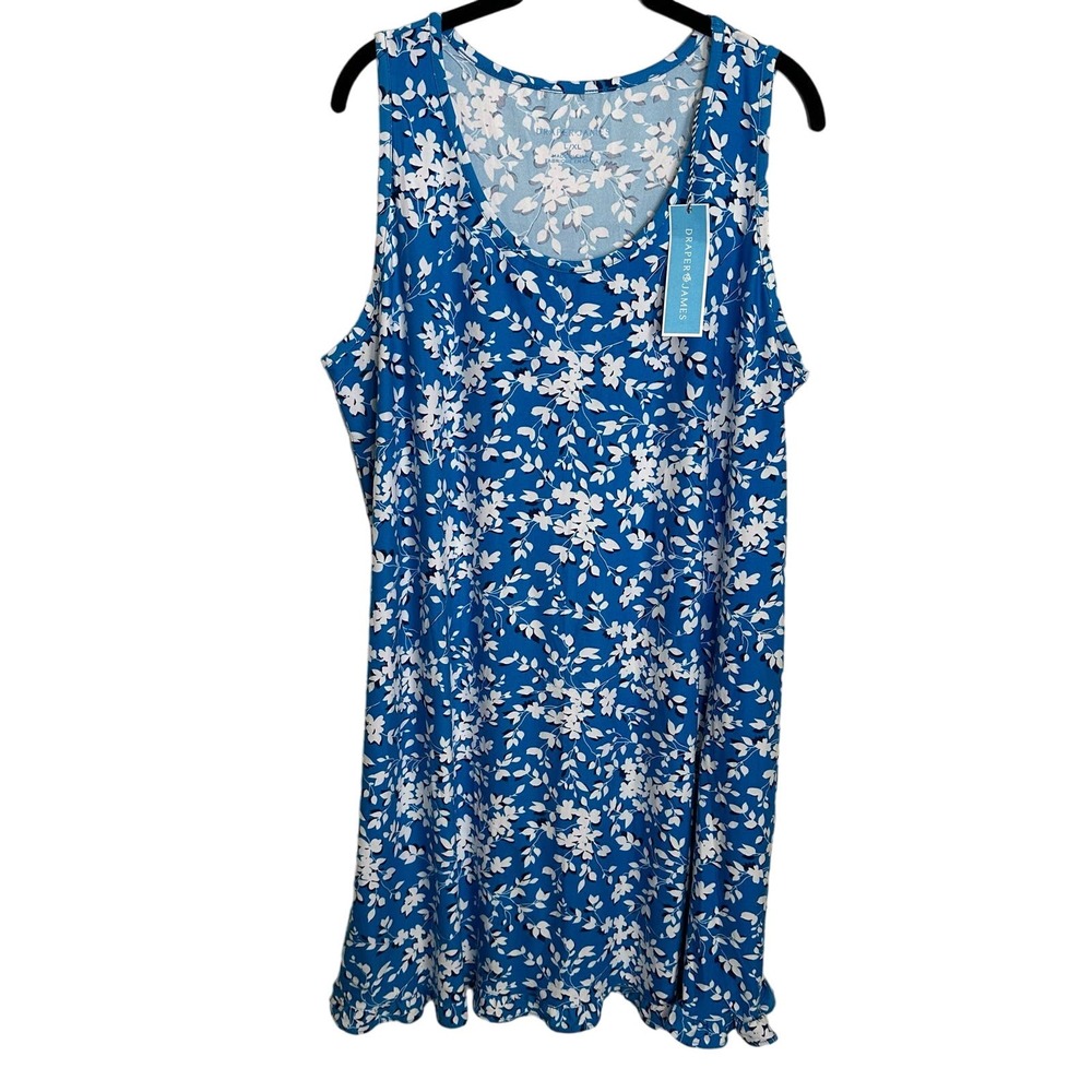 Draper James Jersey Dress Size L/XL Blue Floral Ruffle Hem Sleeveless